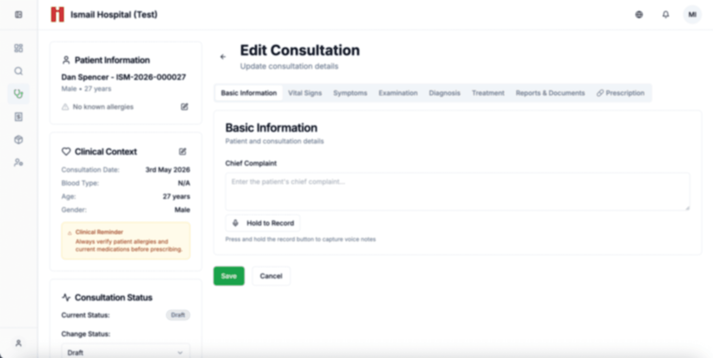 Neerogi consultation screen with clinical notes