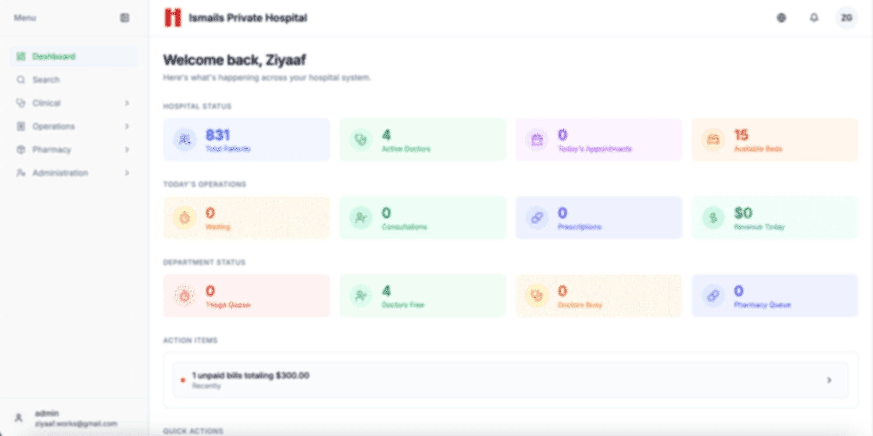 Neerogi dashboard showing hospital overview and navigation